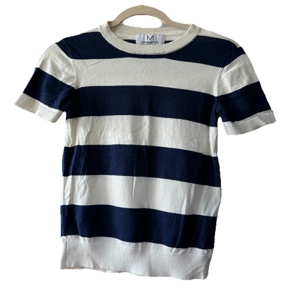 Magaschoni Knit Top Women XS Blue Ivory Stripe Cotton Crew Neck Pullover Coastal